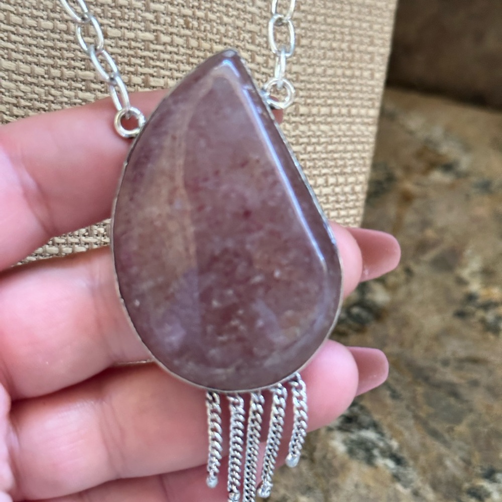 Huge Silver Pink Quartzite Stone Necklace - Picture 3 of 8